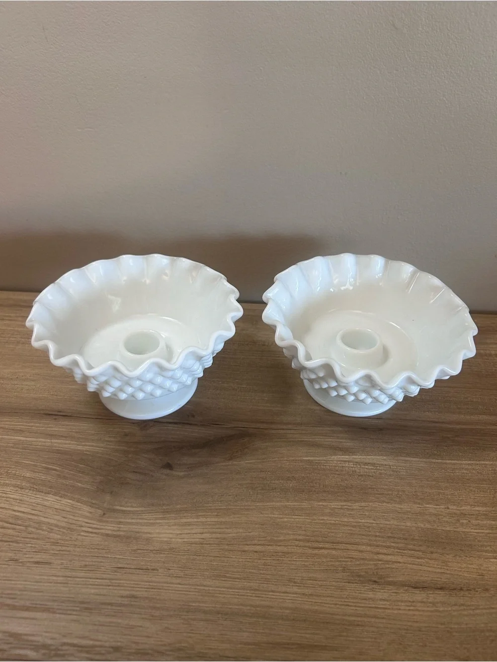 Vintage White Hobnail Ruffled Milk Glass pair candle holders fenton?